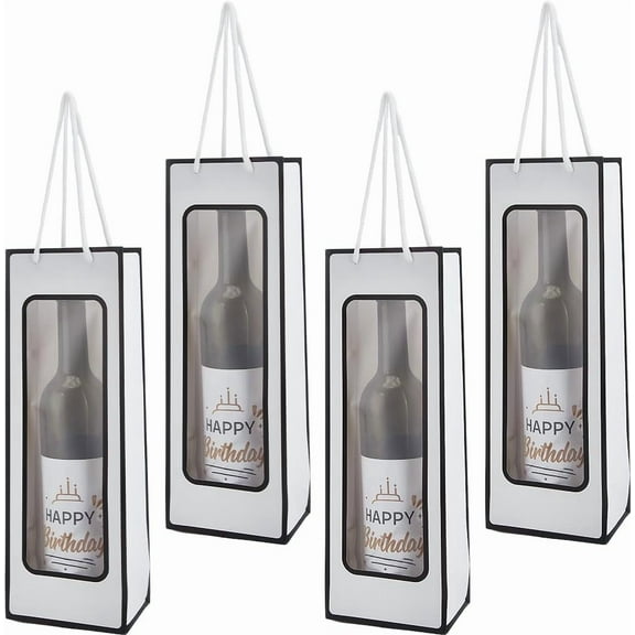 4Pcs Wine Paper Bag with Window 14.2x3.3x4.9 Inch White Reusable Liquor Champagne Bottles Gift Bags with Handle for Birthday Wedding Party Favor White