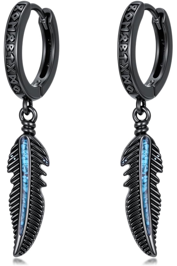 925 Sterling Silver Viking Rune Feather Hoop Earrings for Men Women, Oxidized Turquoise Gothic Dangle Earrings, Punk Nordic Amulet Jewelry Gifts