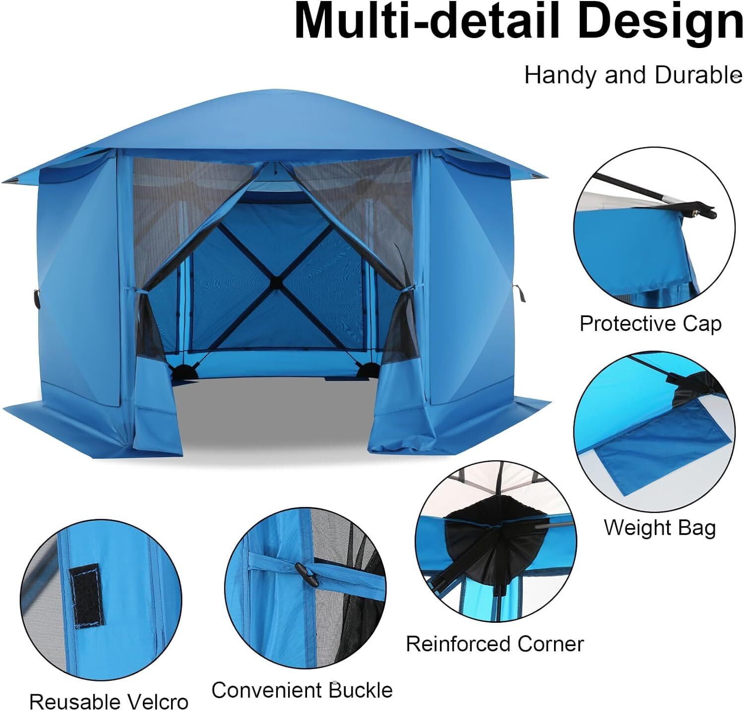 COBIZI 12x12 Pop-up Gazebo Screen Canopy with 5 Sidewalls and Mosquito Nettings for Camping, Tent Instant Screened House with Carrying Bag and Ground Stakes, Blue(Upgraded)