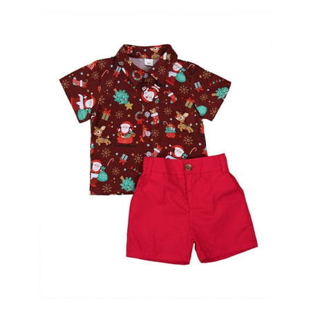 

Puloru 2Pcs Kids Boy Santa Print Short Sleeve Single Breasted Shirts Shorts Clothes Sets Age for 1-6 Years