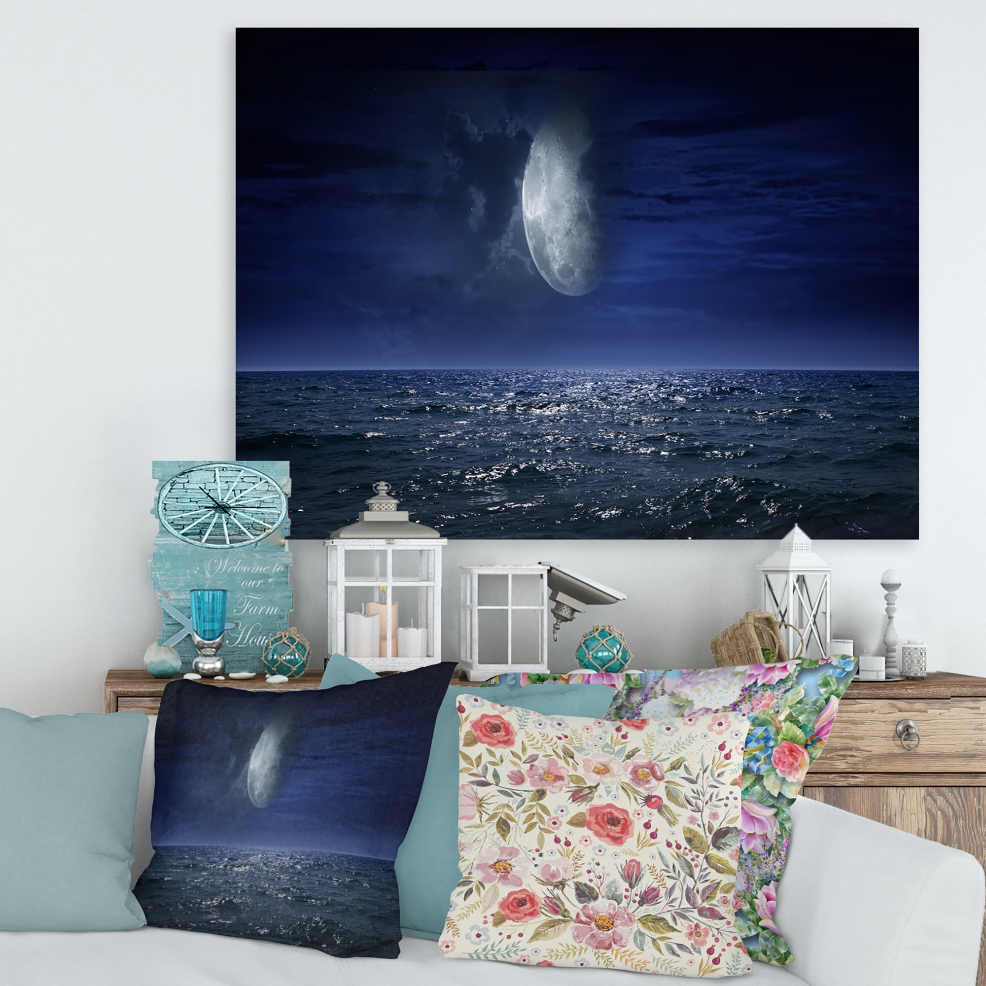 Designart ' Full Moon Night Over Dark Ocean ' Nautical & Coastal Canvas Wall Art Print