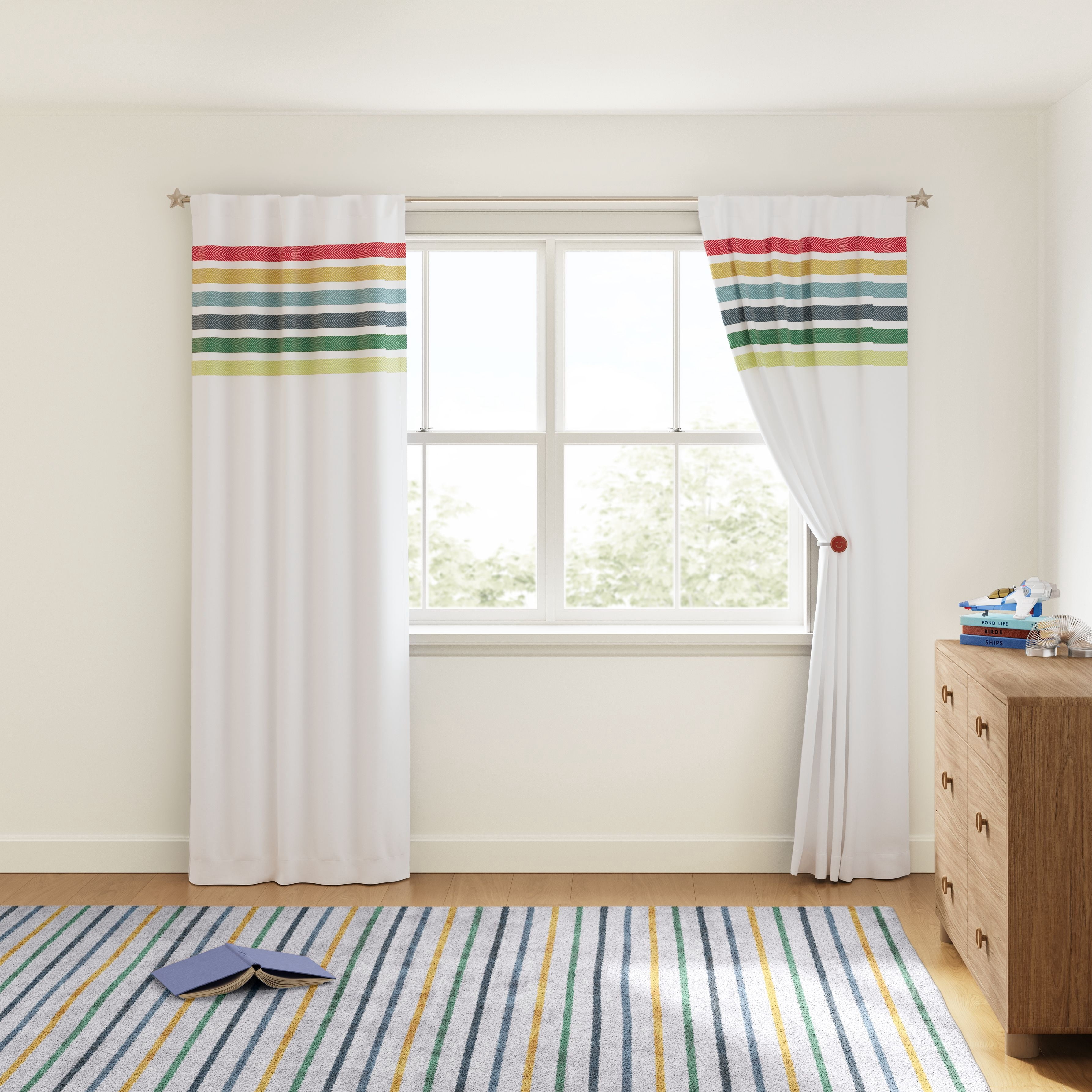 Mainstays Kids White and Rainbow Stripe Blackout Rod Pocket with Back Tabs Single Curtain Panel, 38" W x 95" L