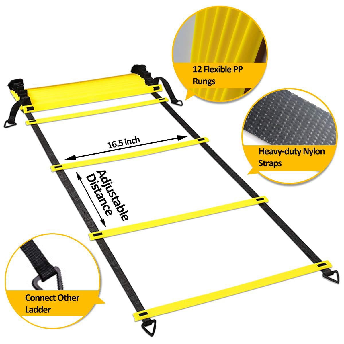 Byseng Agility Ladder, Football Training Equipment Set, 20ft adjustable agility ladder, 12 Disc Cones, 4 Steel Stakes,