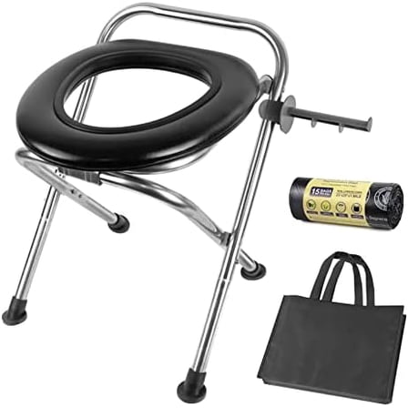 Upgraded Heavy Duty Stainless Steel Portable Toilet for Camping, Sturdy 350LBS Camp Toilet Portable, Portable Camping Toilet with Soft Seat/Toilet Bags, Black Folding Toilet for Hiking, Travel