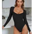 thumbnail image 2 of REORIA Women Square Neck Bodysuit Sexy Long Sleeve Ribbed Corset Tops, 2 of 8