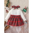 thumbnail image 3 of Biezeib Infant Girl Fall A-Line Dress with Bow Headband, Long Sleeve Round Neck Plaid Print Patchwork Dress, 3 of 6