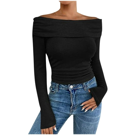 WREESH Womens Fashion Slim T-Shirts Off The Shoulder Topssolid Color Shirts Comfortable Casual Long Sleeve Tops Cultivate Moral Character Pullover Blouses Black