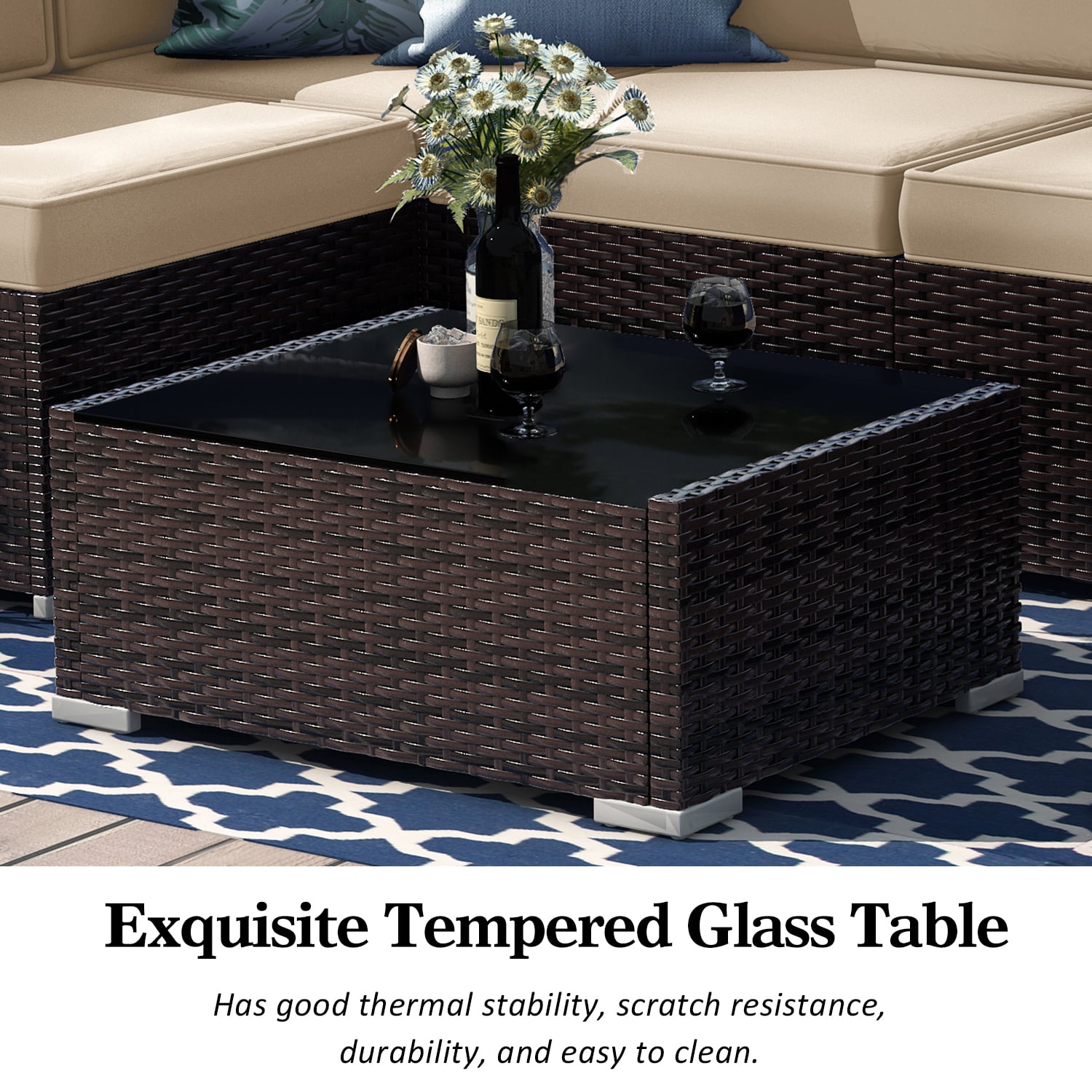 Sunny Hill 7 Metal Sectional Outdoor Conversation Sets with Chair and Table, Brown/Beige