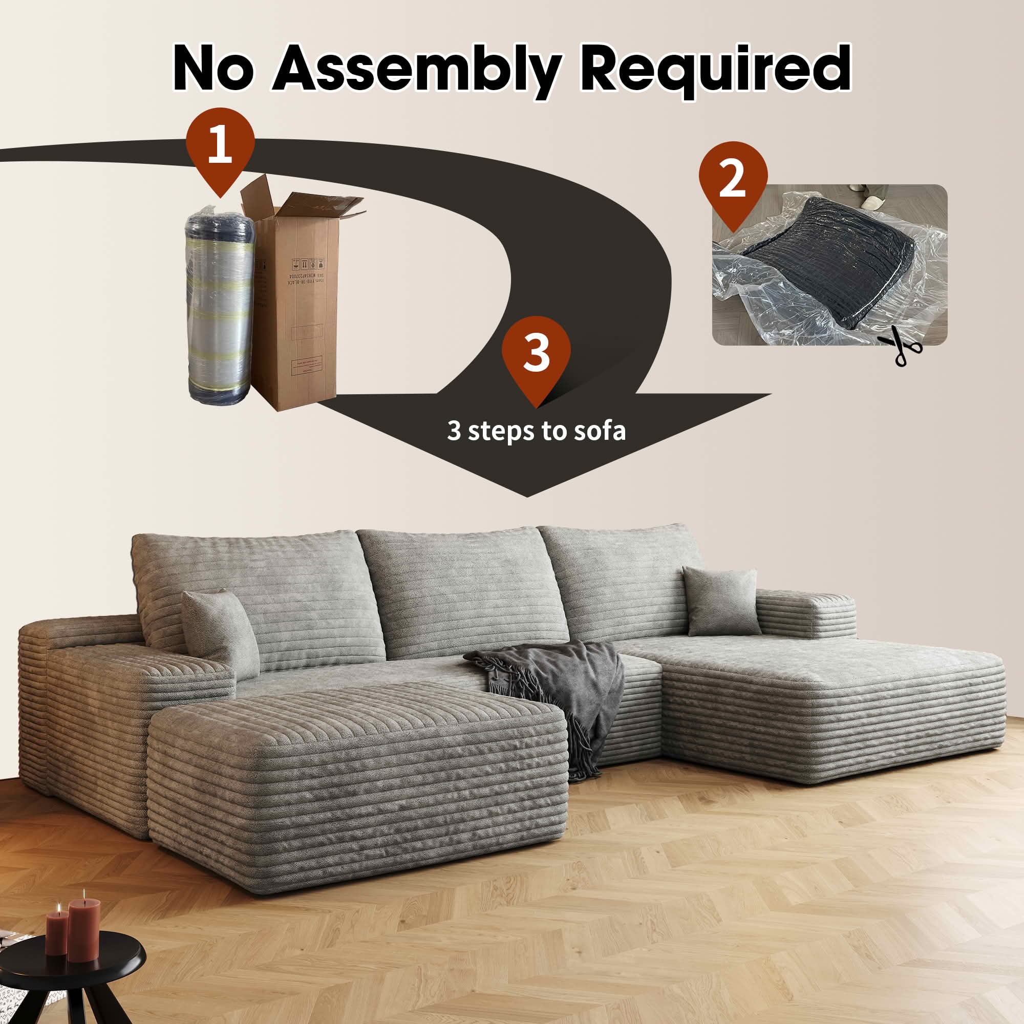 MAYEERTY U-Shaped Modular Cloud Sofa, Plush Corduroy Corner Couch with Ottoman, No Assembly Deep Seat Sofa for Indoor Use