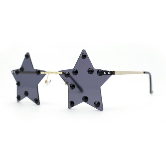 Rhinestone Studded Rimless Star Shape Hippie Color Sunglasses Gold - Black