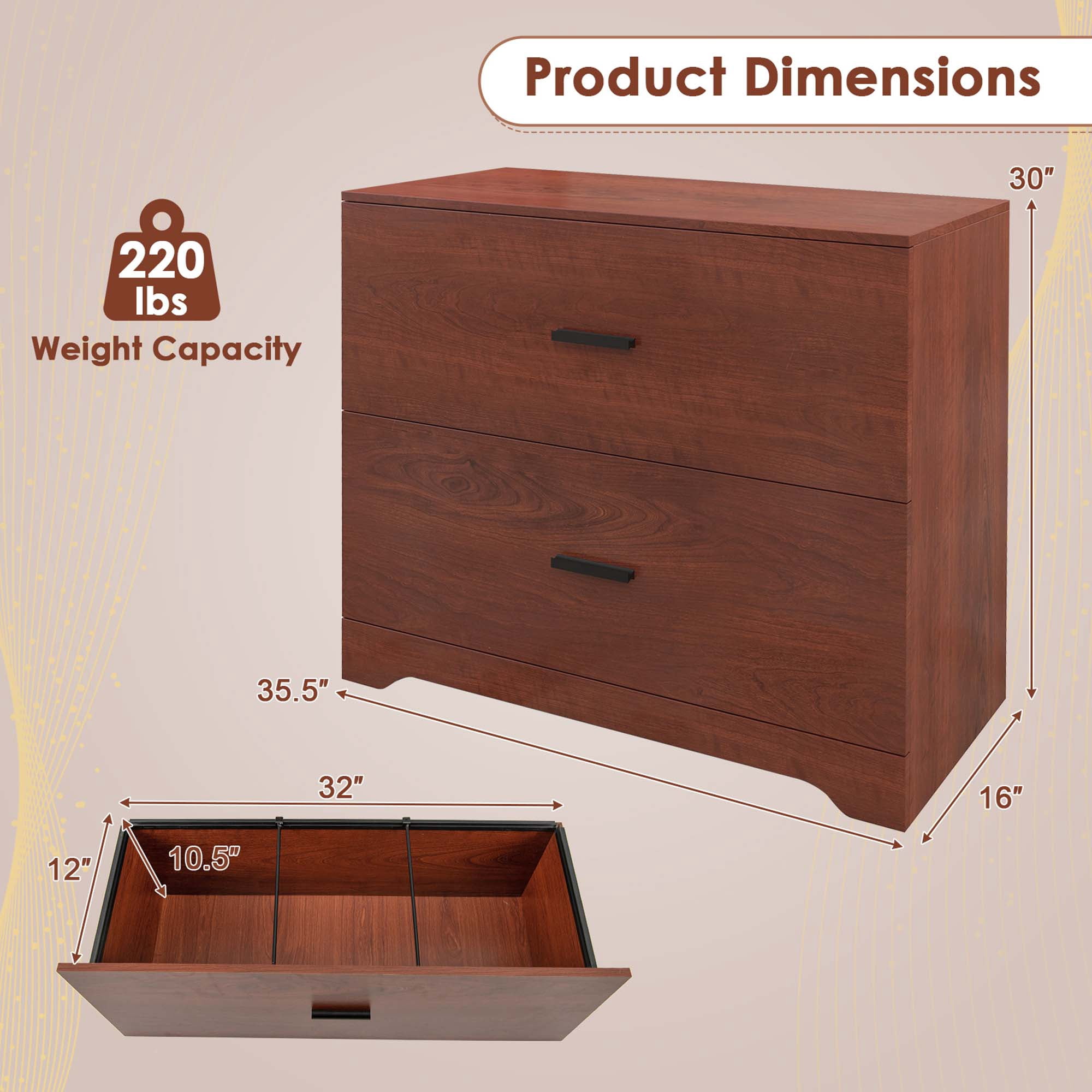Costway 2-Drawer Wood Lateral File Cabinet with Adjustable Bars for Home Office Walnut