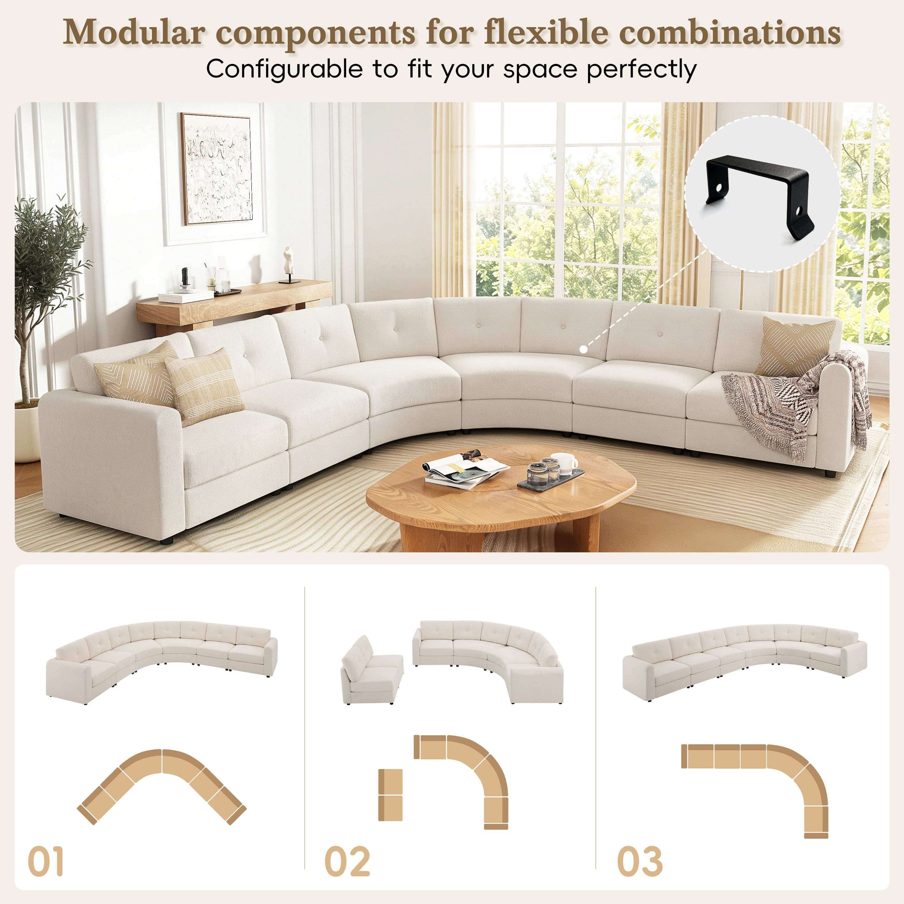 GARITIN 6 Piece Modular Curved Sectional Sofa 136.5 Inch, Upholstered Boucle Couch with Button Tufted Back for Living Room, Beige