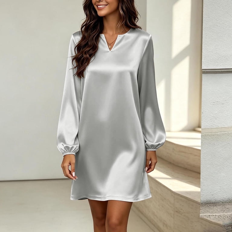 DeHolifer Women's Dresses Plus Size Solid Color Casual Satin V-Neck ...