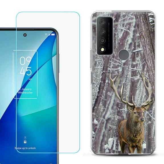 Slim-Fit Gel TPU Phone Case for TCL 4X 5G, with Tempered Glass Screen Protector, by OneToughShield ® - Deer/Snow/Camo