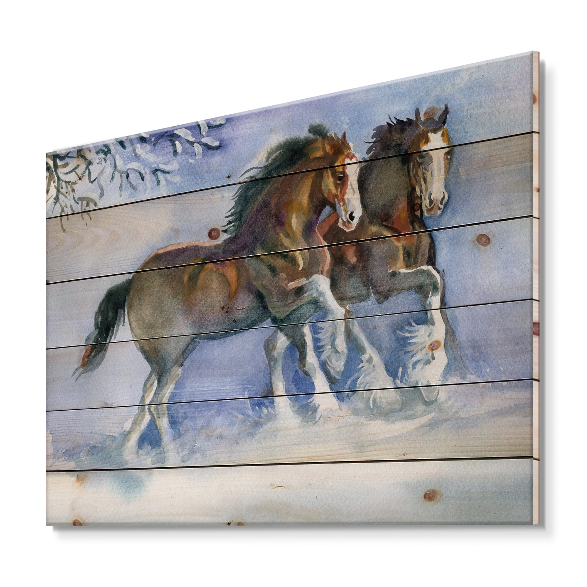 Designart 'Horses Running In Winter On Blue' Farmhouse Print on Natural Pine Wood