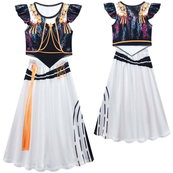 Halloween Costume Pop Star Stage Outfit Black Gold Crop Top and Long Skirt 2-Piece Outfit,Pop Idol Dress Up Set for Halloween,Cosplay and Theme Parties,Size 120