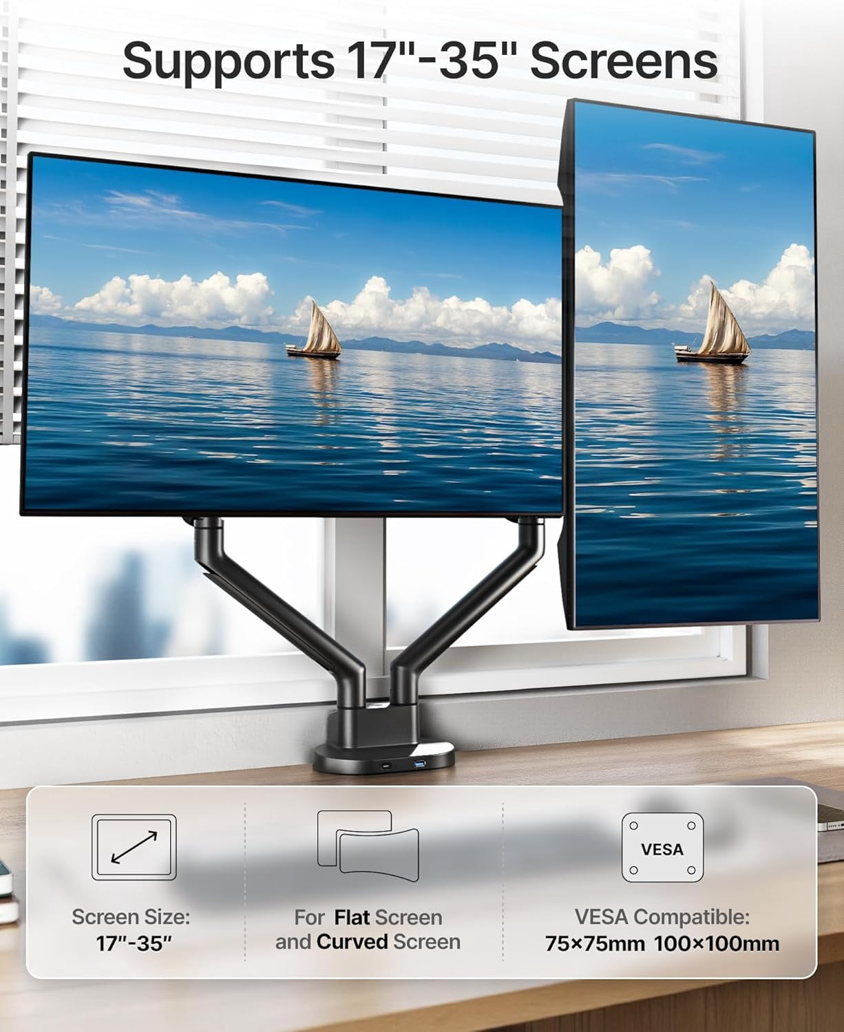 monTEK Dual Monitor Stand with USB-C & USB-A 3.0 Ports, for 2 Screens up to 35 inches – Full Motion Adjustable Monitor Arm, Heavy Duty C-Clamp/Grommet Mount, 24.25lbs per Arm, Black