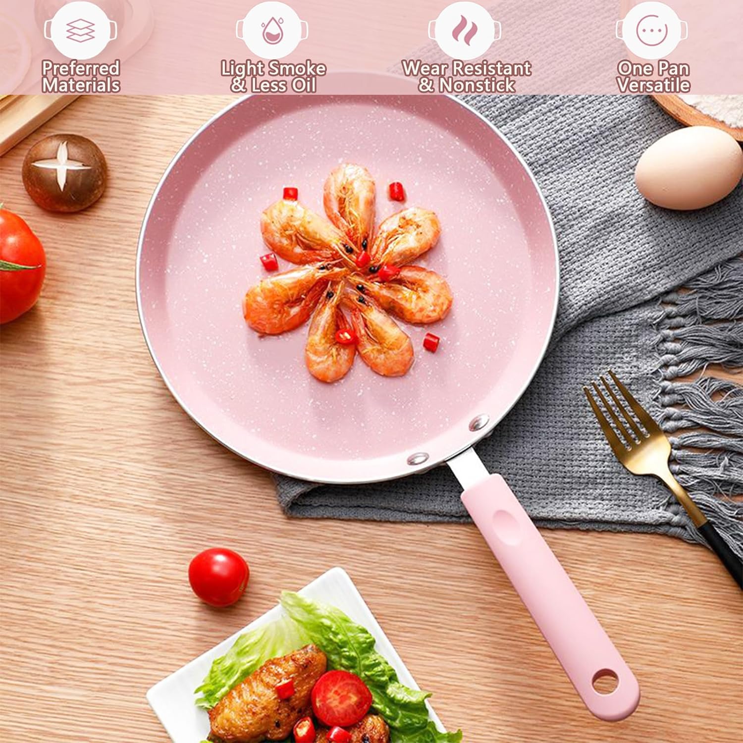 Nonstick Frying Pan Set, 3 Piece Pink Cookware with Non Stick Coating for All Stoves