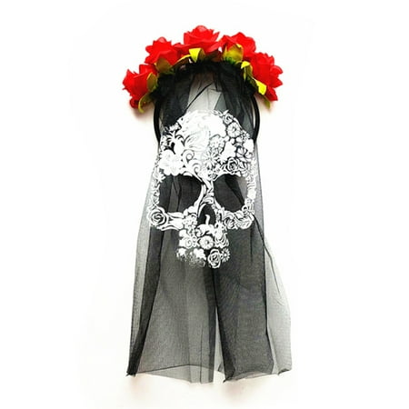 Mozlly Mozlly Day of the Dead Skull Veil Black Headpiece w/ Red Flowers Mask Halloween Costume Scary Wedding Veil Outfit Horror Dress Up Masquerade Ghost Face Accessory 14.75