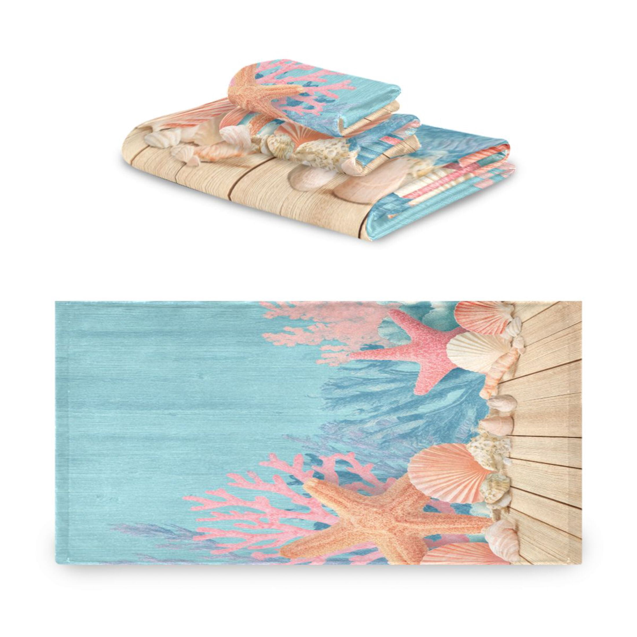 3 Piece Bath Towels Set Bath Towel, Hand Towel and Face Towel for Bathroom, Gym, Hotel Colorful Starfish and Seashells