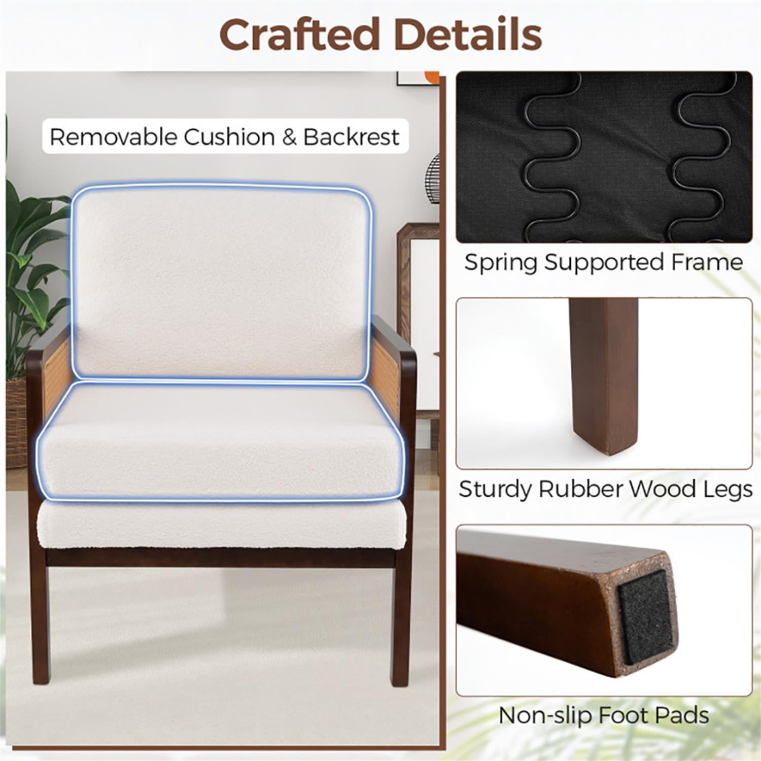 Demi Bonn Modern Accent Chair, Elegant Armchair with Rattan Arms and Cushion, Suitable for Living Room Bedroom Reception Room Office, Brown
