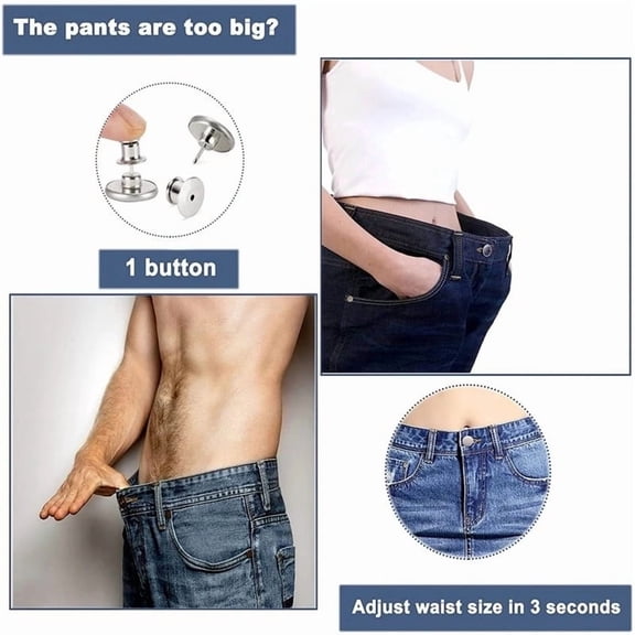6pcs Silvery No-Sew Jeans Buttons, Adjustable Reusable Waist Fixers, Quick Install Denim Waist Buttons, No-Snap Sew-Free Waist Adjuster for Pants, Skirts & Jeans