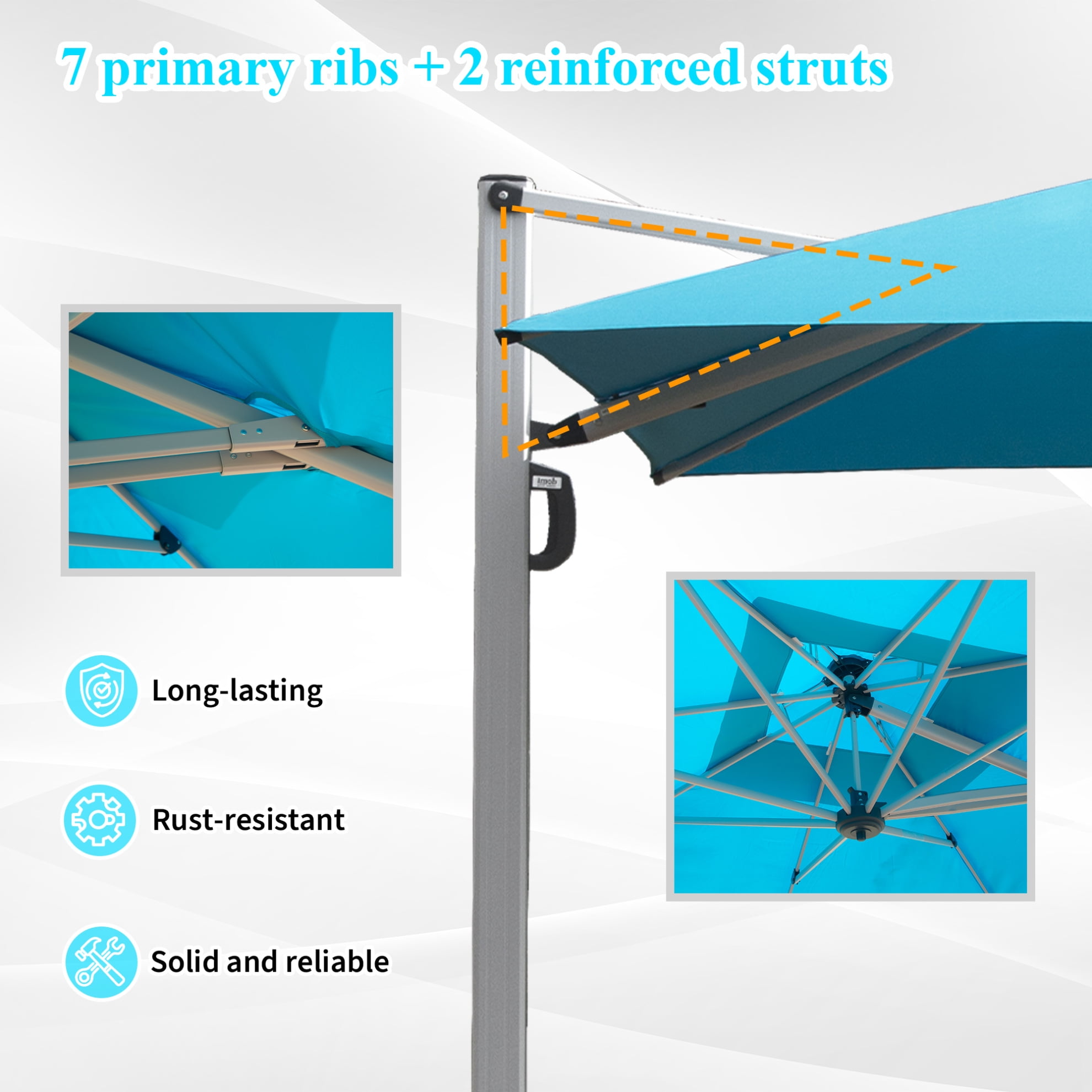 9ft Offset Cantilever Patio Umbrella, 360° Rotation Square Market Umbrella with 5-Position Tilt, 2-Tier Outdoor Table Umbrella with 9 Sturdy Ribs for Backyard, Pool, Blue (No Base)