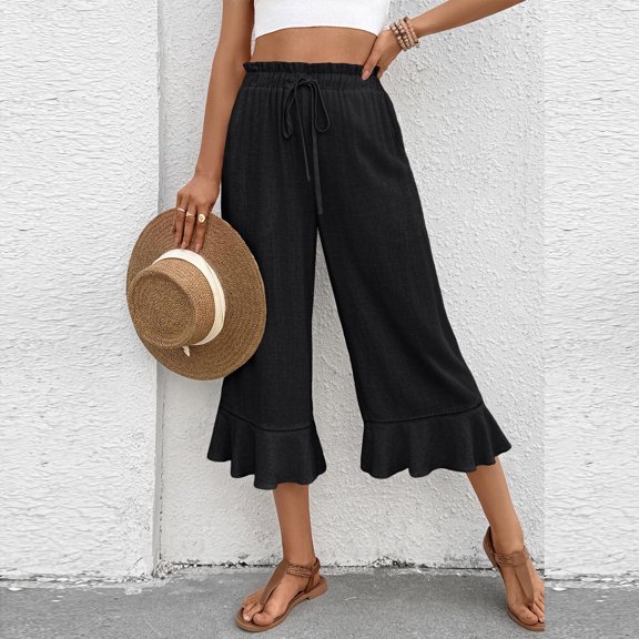 Linen Pants Women Summer Casual Wide Leg Drawstring Elastic Waist Ruffle Hem Capri Pants with Pockets Black M