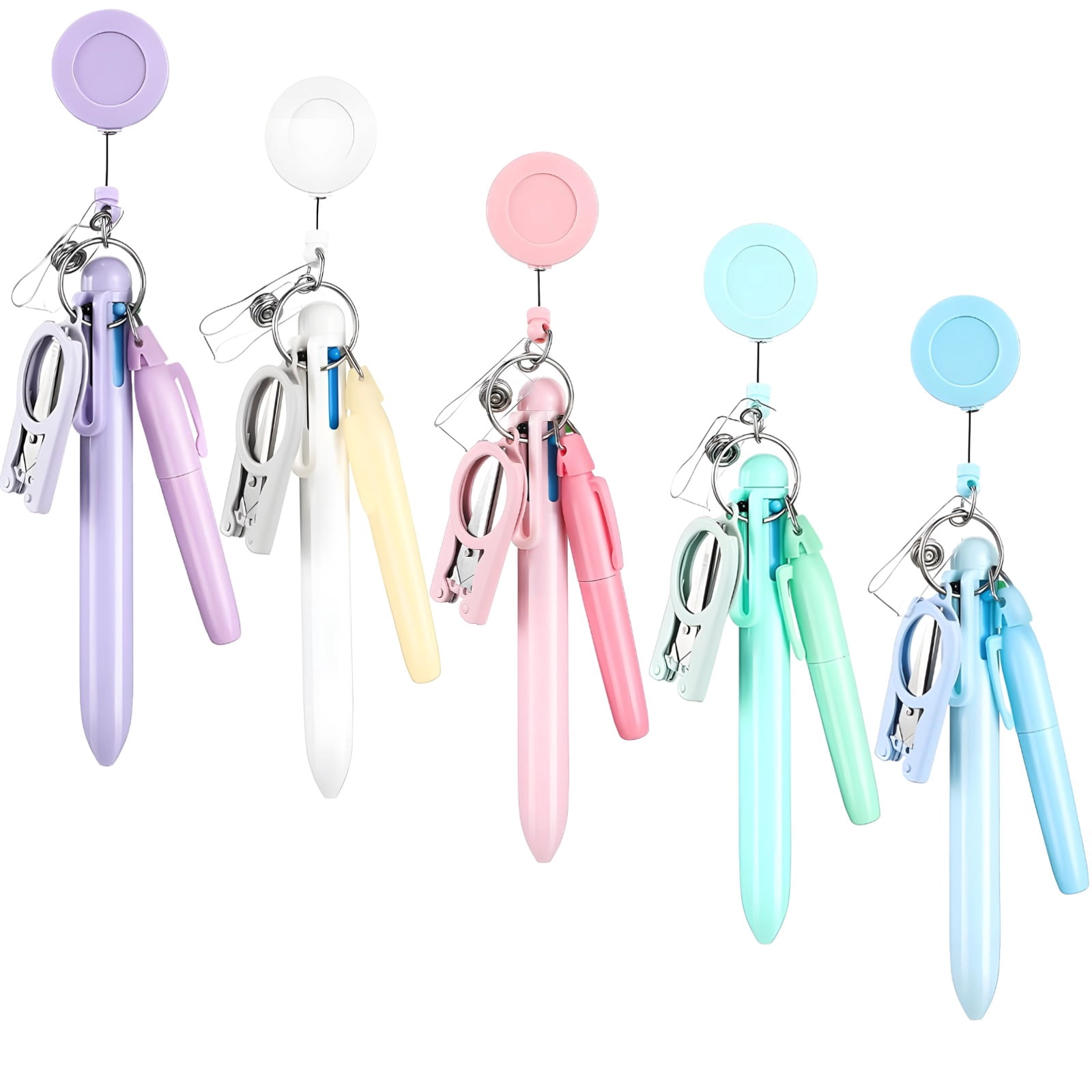 20 Pcs Mini Nurse Pen Set, Nurse Badge Reel Set with Pens & Scissors, Including 5 Retractable Badge Holders, 5 Highlighters, 5 Ballpoint Pens & 5 Foldable Scissors