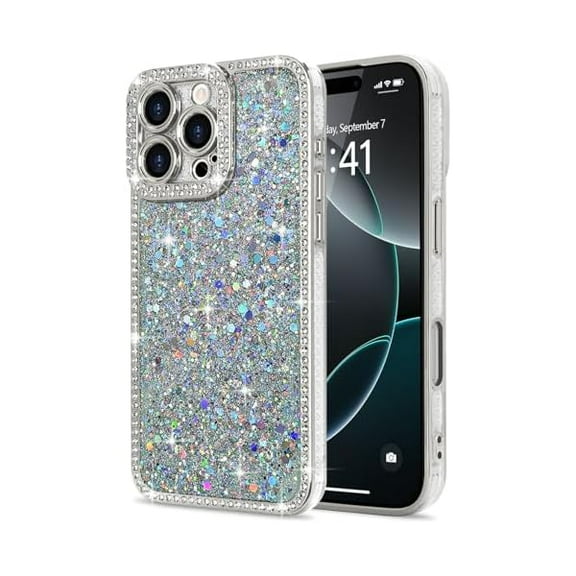 for iPhone 16 Pro Max Case Glitter, Luxury Shiny Bling Sparkly Bumper Cover with Crystal Diamonds for Women Girls Soft Slim Shockproof Protective Phone Case for iPhone 16 Pro Max 6.9", Sliver