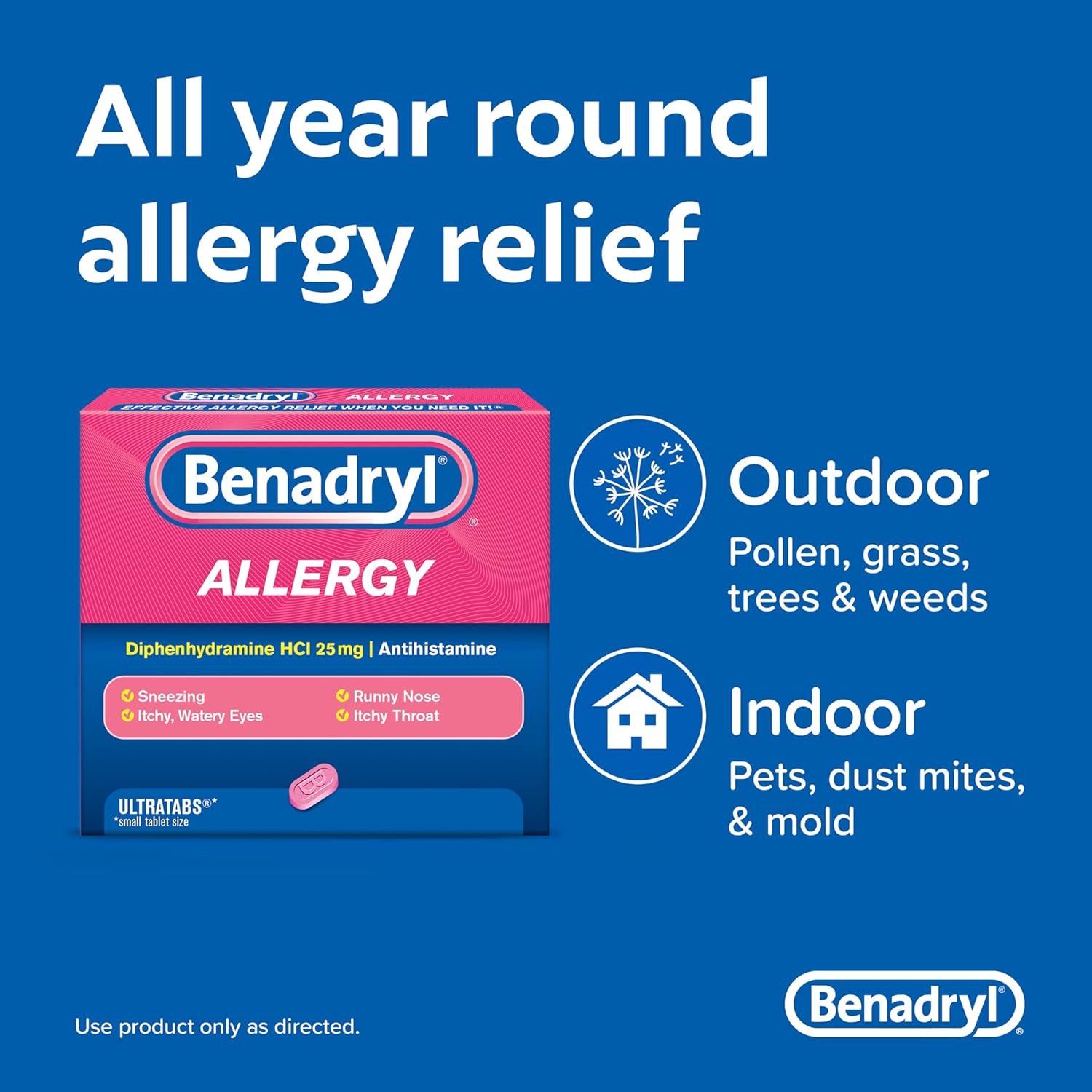 Benadryl Allergy Ultratabs Diphenhydramine HCl 25 mg Antihistamine Tablets, 100 Count - image 4 of 8