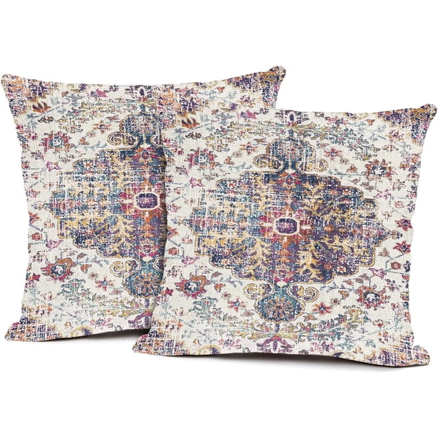 2Pcs Boho Flying Carpet Throw Pillow Case Cover Ride Romantic Tribal Pattern Vintage Design Cotton Linen Throw Pillow Cases Cushion Cover Sofa Home Office Rectangle Pillowcovers 18x18 Inches