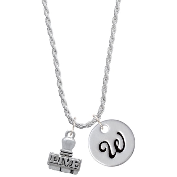 Delight Jewelry Silvertone LIVE Stamp Silvertone Script Initial Disc - W - Charm Necklace, 20"+3"