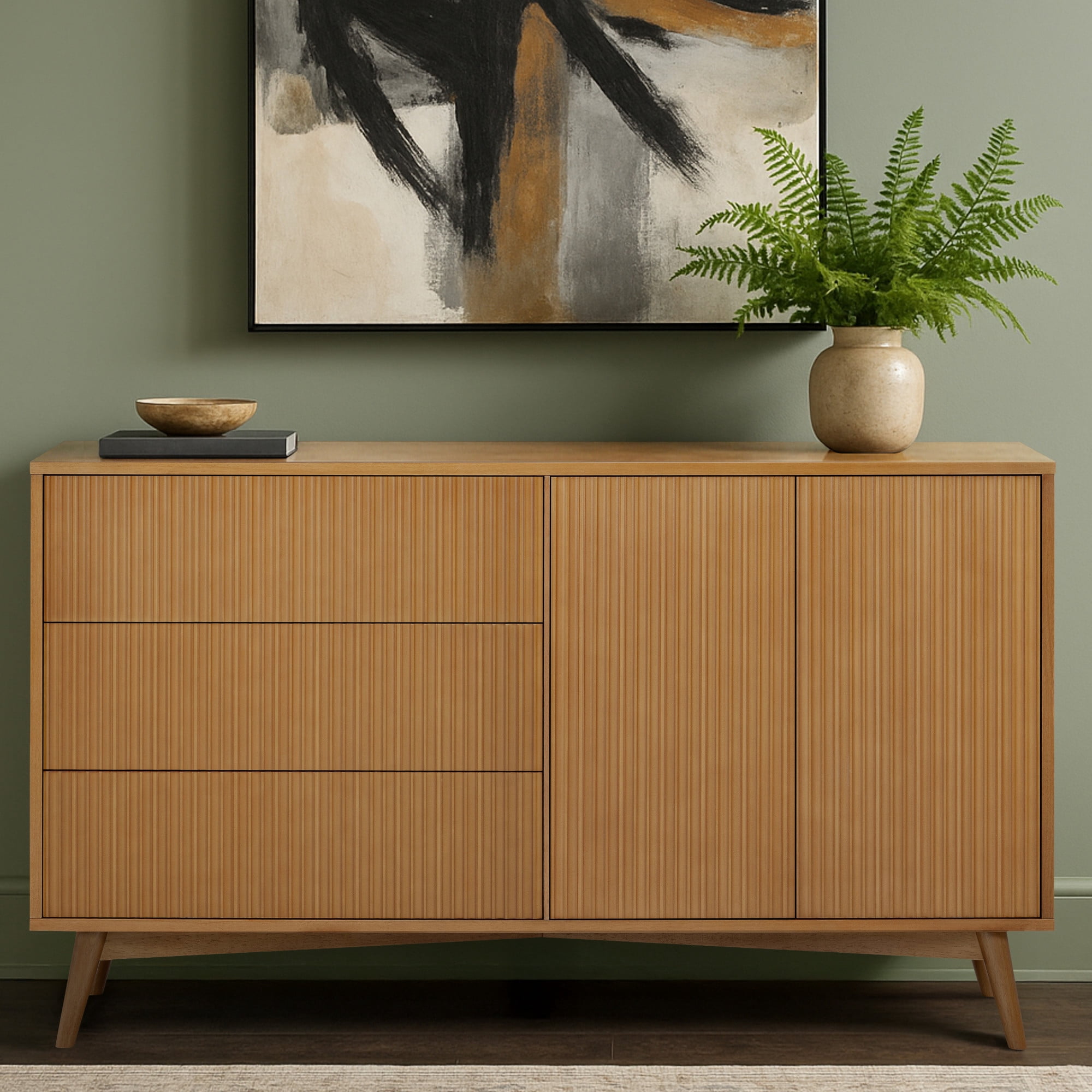 Tremolo 3-Drawer 2-Door Wood Sideboard Cabinet, Natural – Teamson Home: Push-Open Storage & Contemporary Fluted Fronts for Living or Dining Room