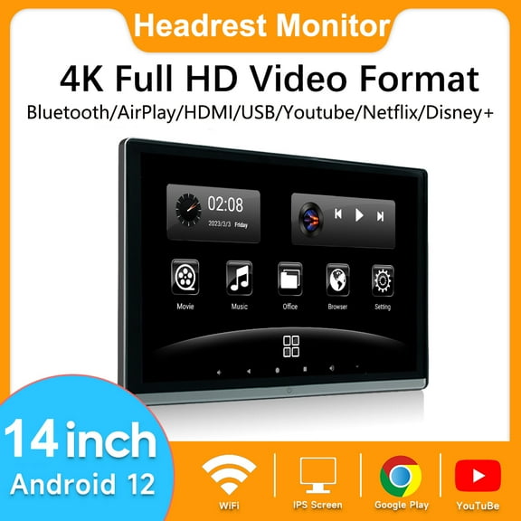 14‘’ Headrest Monitor Display IPS Android 12 Touch Screen For Car Rear Seat Player Video Music FM Bluetooth AirPlay HDMI