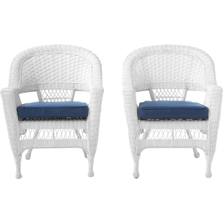 Jeco Stacking Wicker Rattan Chairs Set of 2, Blue Tufted Cushions