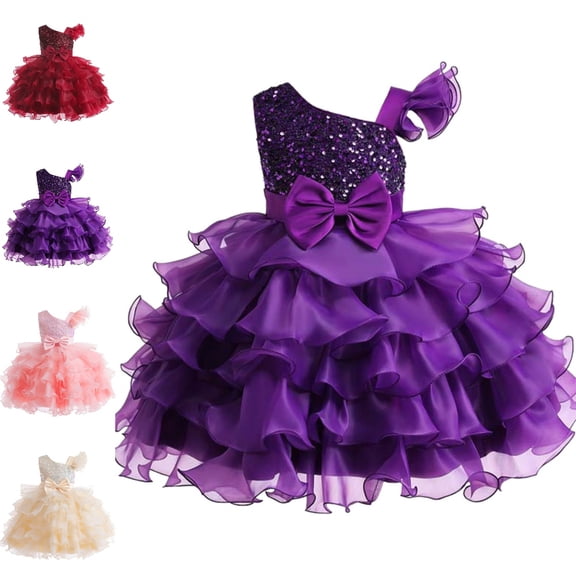 Bmisegm Girls Dress One Shoulder Embellished Bodice Big Bow Waist Layered Ruffled Tutu Skirt Formal Dress for Girls 9-10 Years