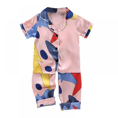 

Summer Baby Kids Girls Boys Stitching Pattern Sleepwear Set Short Sleeve Blouse Tops+sleep Pants