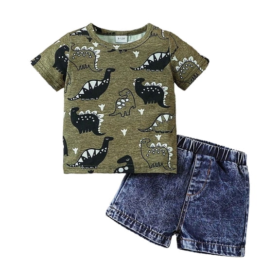 Jamsmile Toddler Boys Outfit Sets Summer Short Sleeve Dinosaur Print Tshirts With Denim Shorts Two Piece Daily Wear