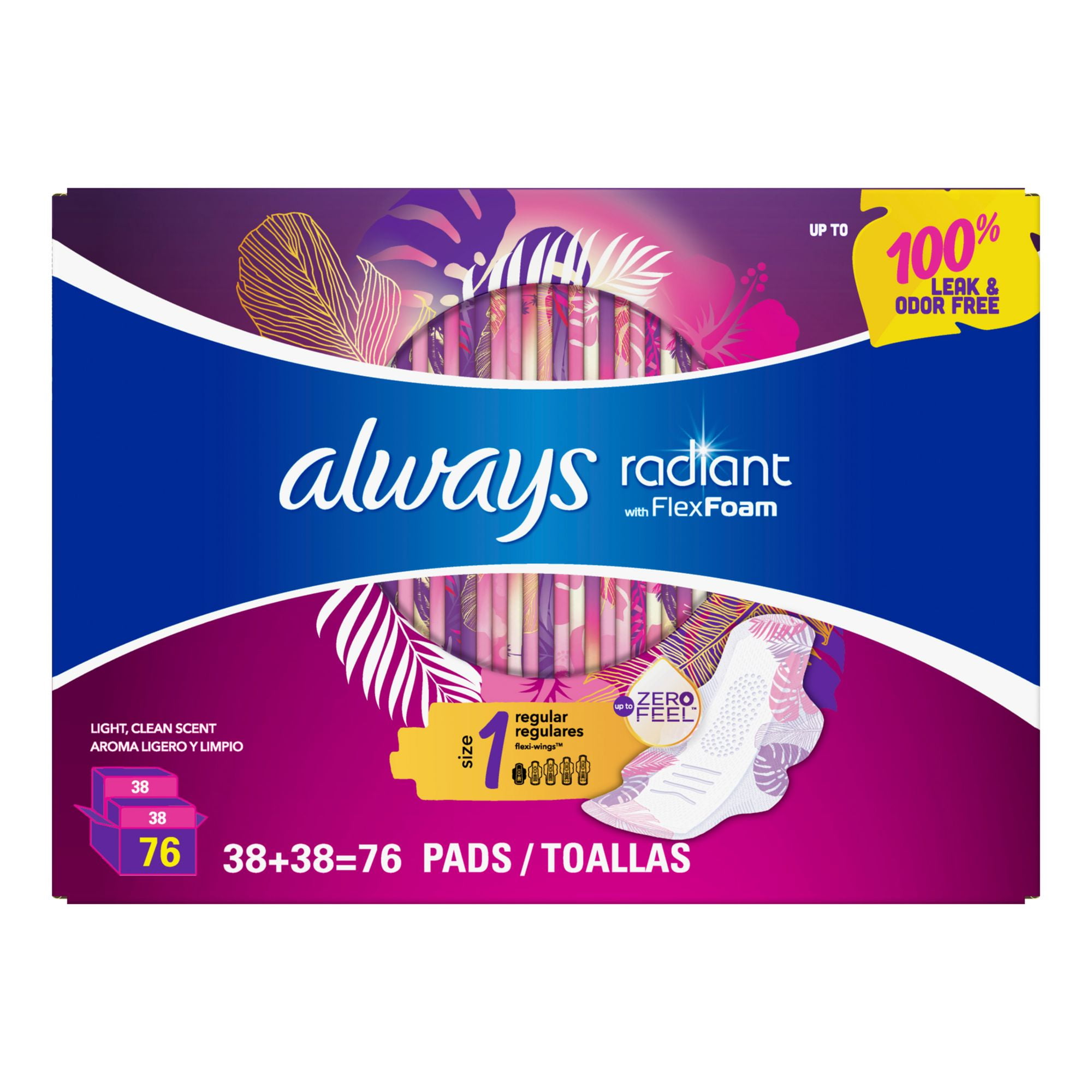 Always Radiant Regular Absorbency Pads with Wings, 76 ct