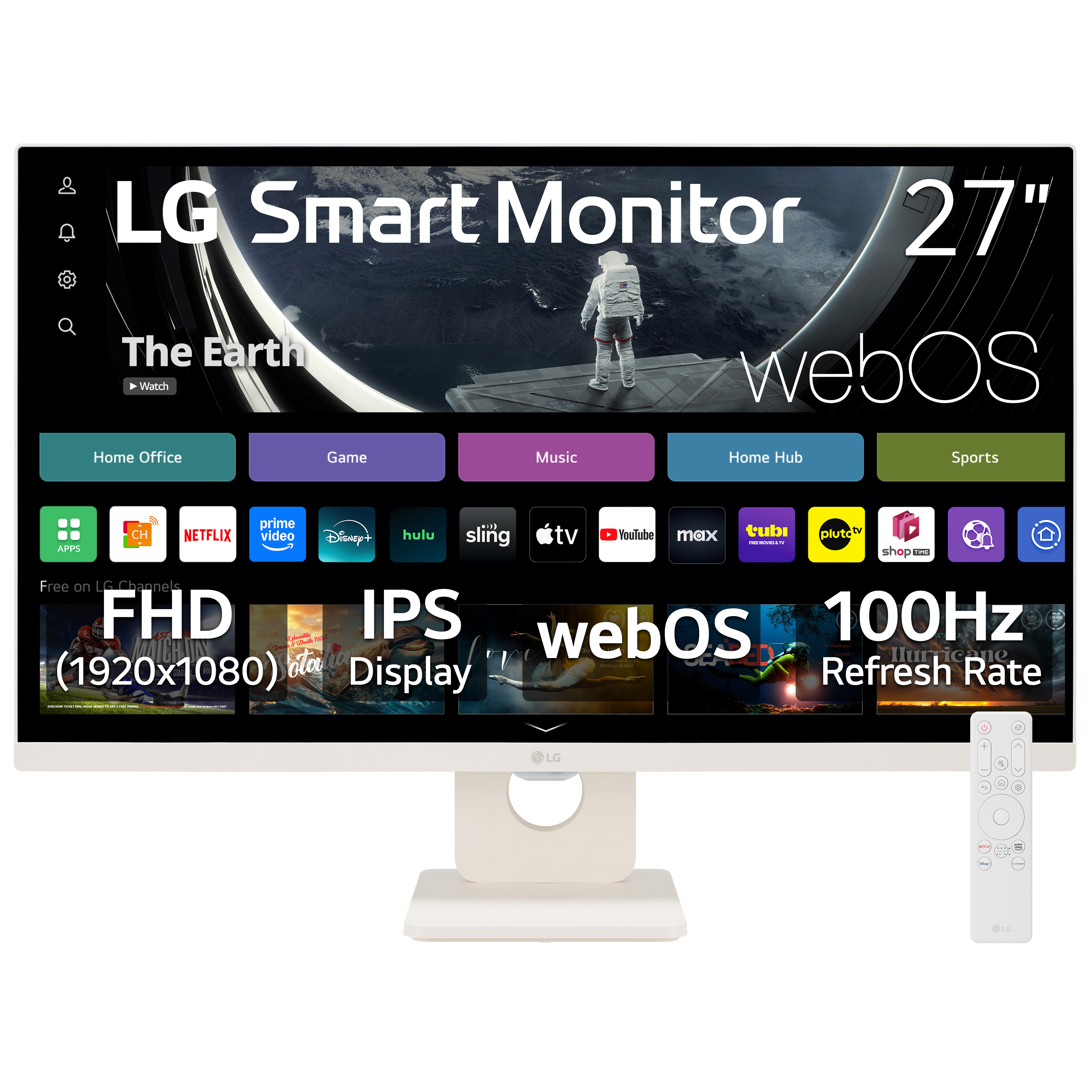 LG 27" FHD IPS Smart Monitor with webOS 100Hz, White, 27U55WSA-W