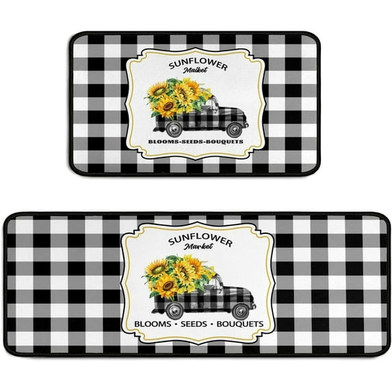 Sunflower Truck Kitchen Decor Rug Set of 2, Microfiber Washable for Kitchen Sink, Laundry, Office, Decoration Indoor Floor Mats 17" x 47" + 17" x 30" (Sunflower Truck)