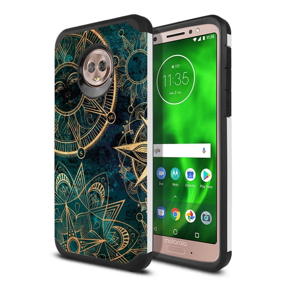 FINCIBO Hybrid Case Hard Plastic TPU Slim Back Cover for Motorola Moto G6 Plus 6", Teal Bohemian Flowers Compass