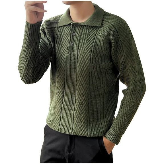 NTACZA Button Up Winter Sweaters for Men Green Cable Knit Polos Pullover Solid Classic Fit Sweaters Mens Jumper L