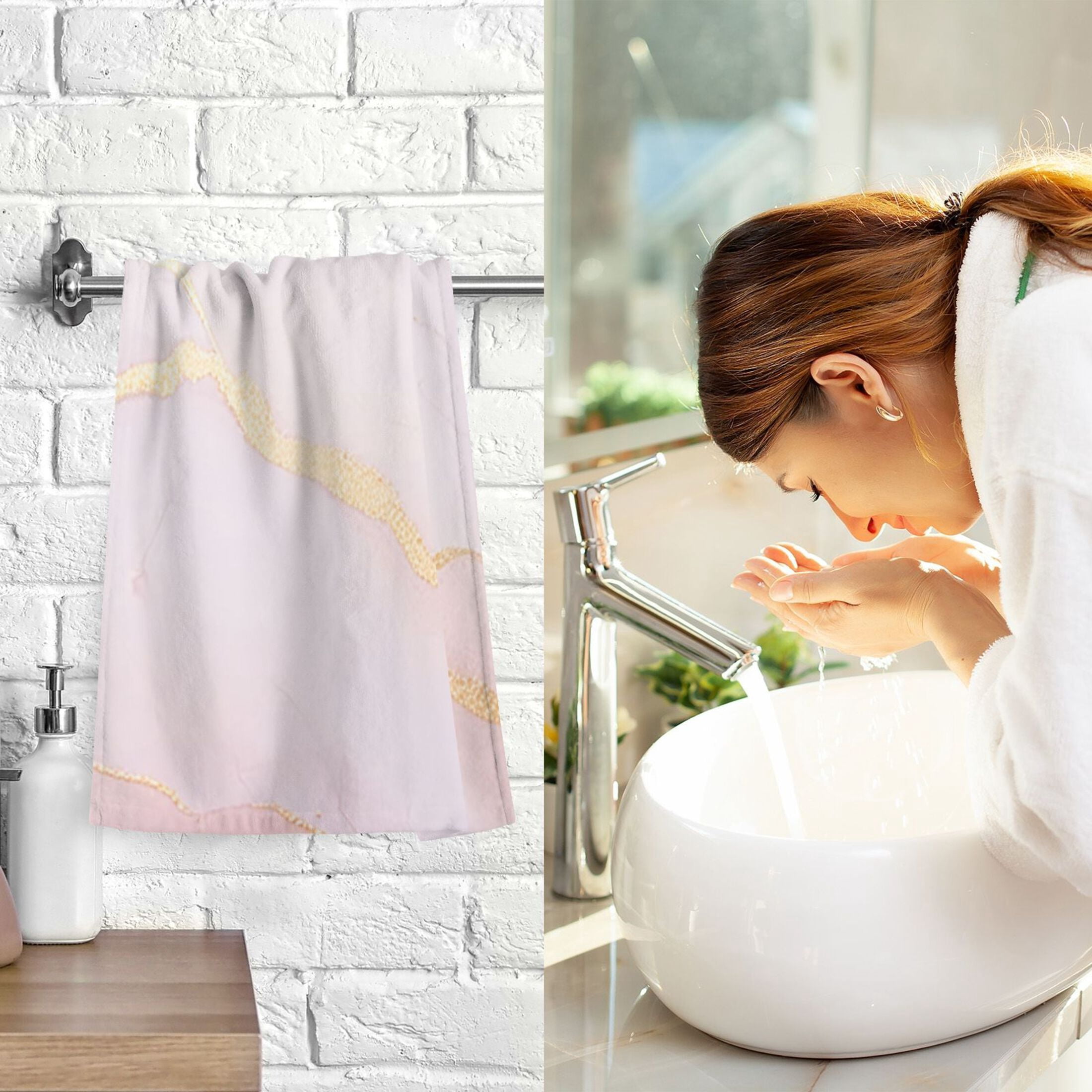 2 Pcs Hand Towel Set Light Pink Gold Marble Cotton Absorbent Soft Face Towels Bath Towels for Bathroom Kitchen Shower Hotel Decor 16"x28"