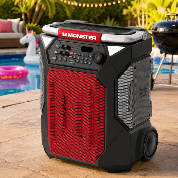 Monster Rockin' Roller 360 Portable Bluetooth Speaker, 240W, IPX4 Water Resistant, Wireless Charging, Wired Microphone Included