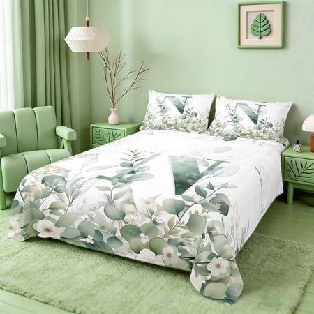 Manfei Watercolor Letter N Eucalyptus Flower Full Size Sheets for Kids Boys and Girls Botanical Print Bed Sheets 4-Piece 1 Flat Sheet 1 Fitted Sheet and 2 Pillowcases