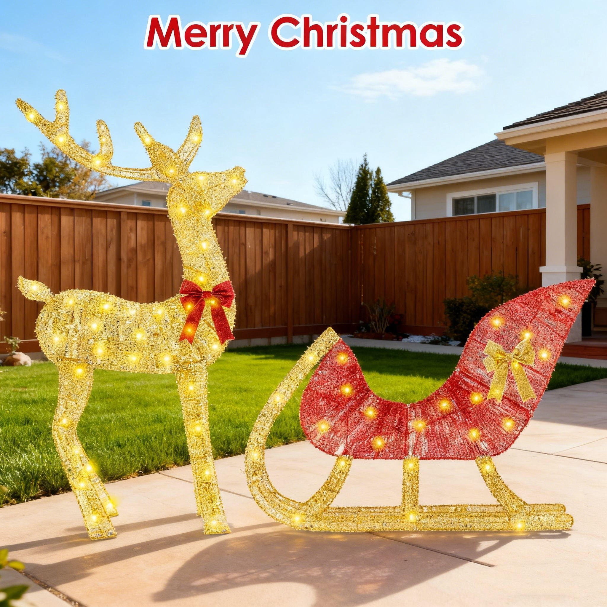 Christmas Reindeer & Sleigh Outdoor Decoration with Lights, 16.97ft LED String (Warm Yellow) 8 Modes, Sturdy Rustproof Iron Frame, Reusable Indoor Outdoor Decor for Yard Patio Party Office