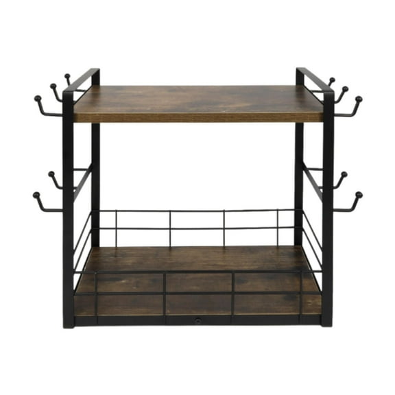 EHJRE Coffee Bar Organizer Counter Shelf 2 Tier Multipurpose with 12 Hooks Wood Coffee