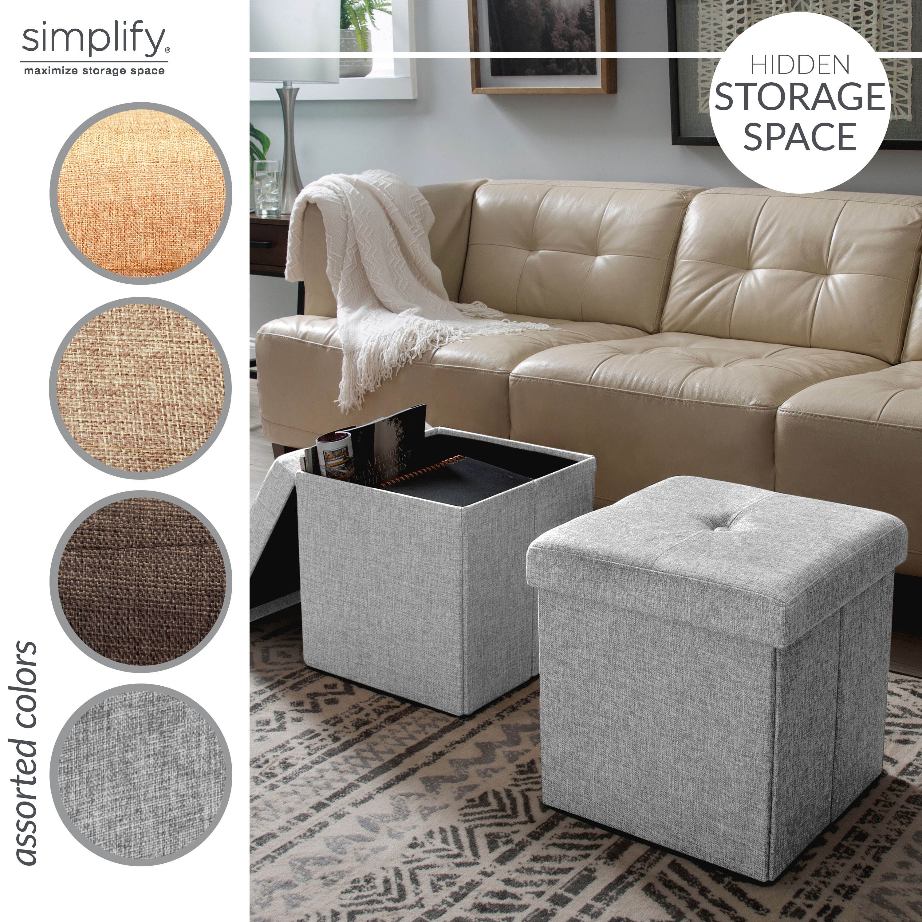Simplify Faux Linen Folding Storage Ottoman Cube, Gray
